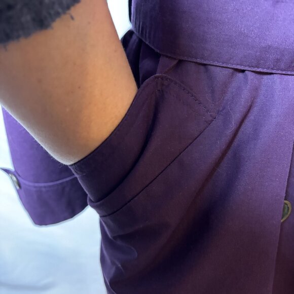 Womens M Vintage Purple Double-Breasted Mid Trench Coat belted plaid lining - Picture 8 of 11